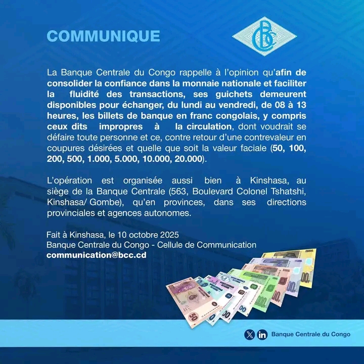 RDC : La Banque Centrale ouvre ses guichets du lundi au vendredi pour l’échange des billets en francs congolais